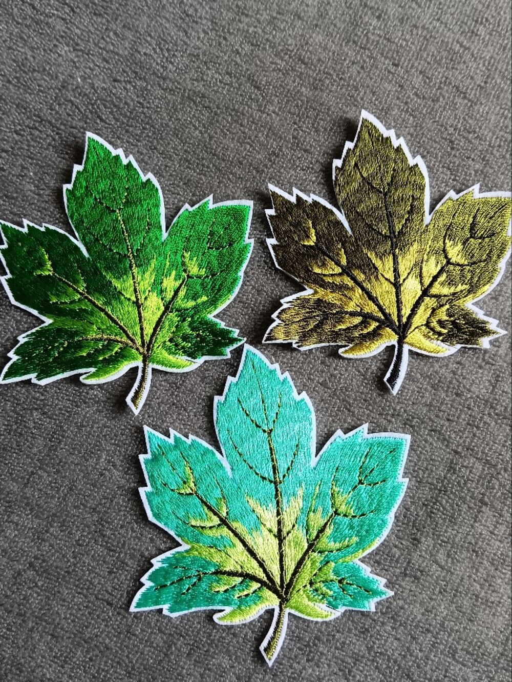 Autumn Leaf Iron On Patch Set, Green Embroidered Maple Leaves, Fall Applique